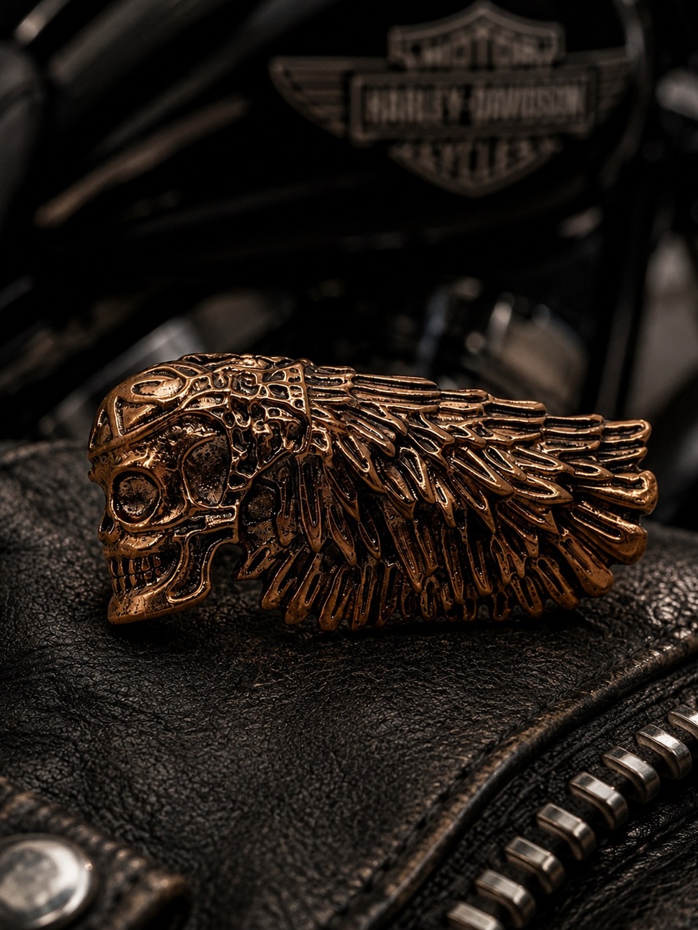 Antique Copper‎ Color SKULL & Feather Duo Finger/Knuckle Ring
